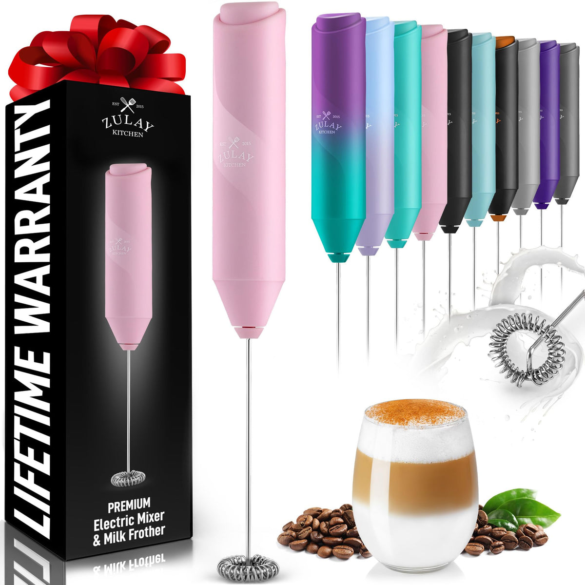Zulay Kitchen Powerful Milk Frother Wand - Handheld Stainless Steel - Battery Operated Drink Mixer for Coffee, Lattes, Cappuccino, Matcha - Froth Mate Frother Gift - Cool Tide