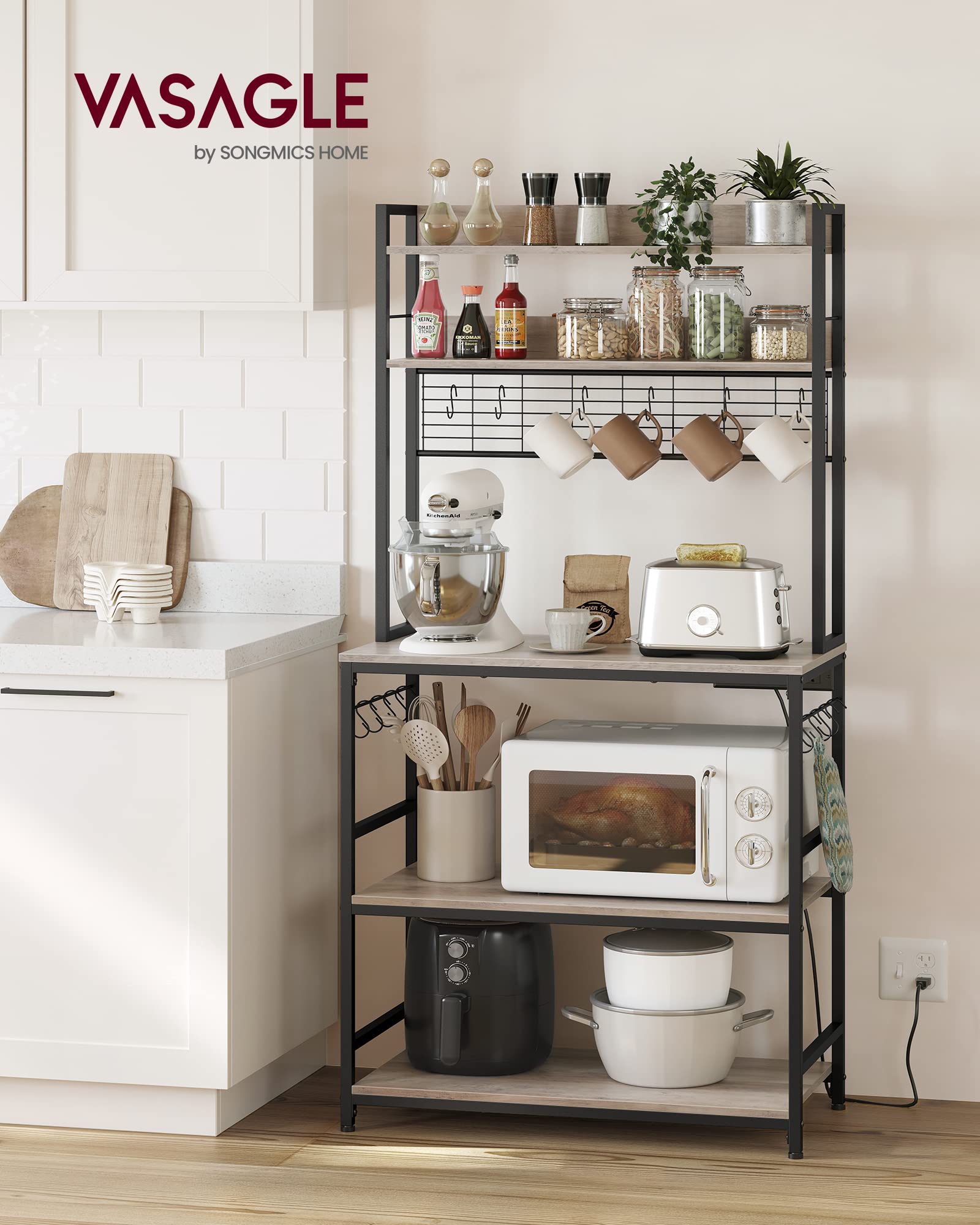 VASAGLE Bakers Rack with Power Outlet, Microwave Stand, Kitchen Tall Utility Storage Shelf, with Metal Wire Panel, 14 Hooks, 15.7 x 31.5 x 66.9 Inches, Heather Greige and Ink Black UKKS025B02