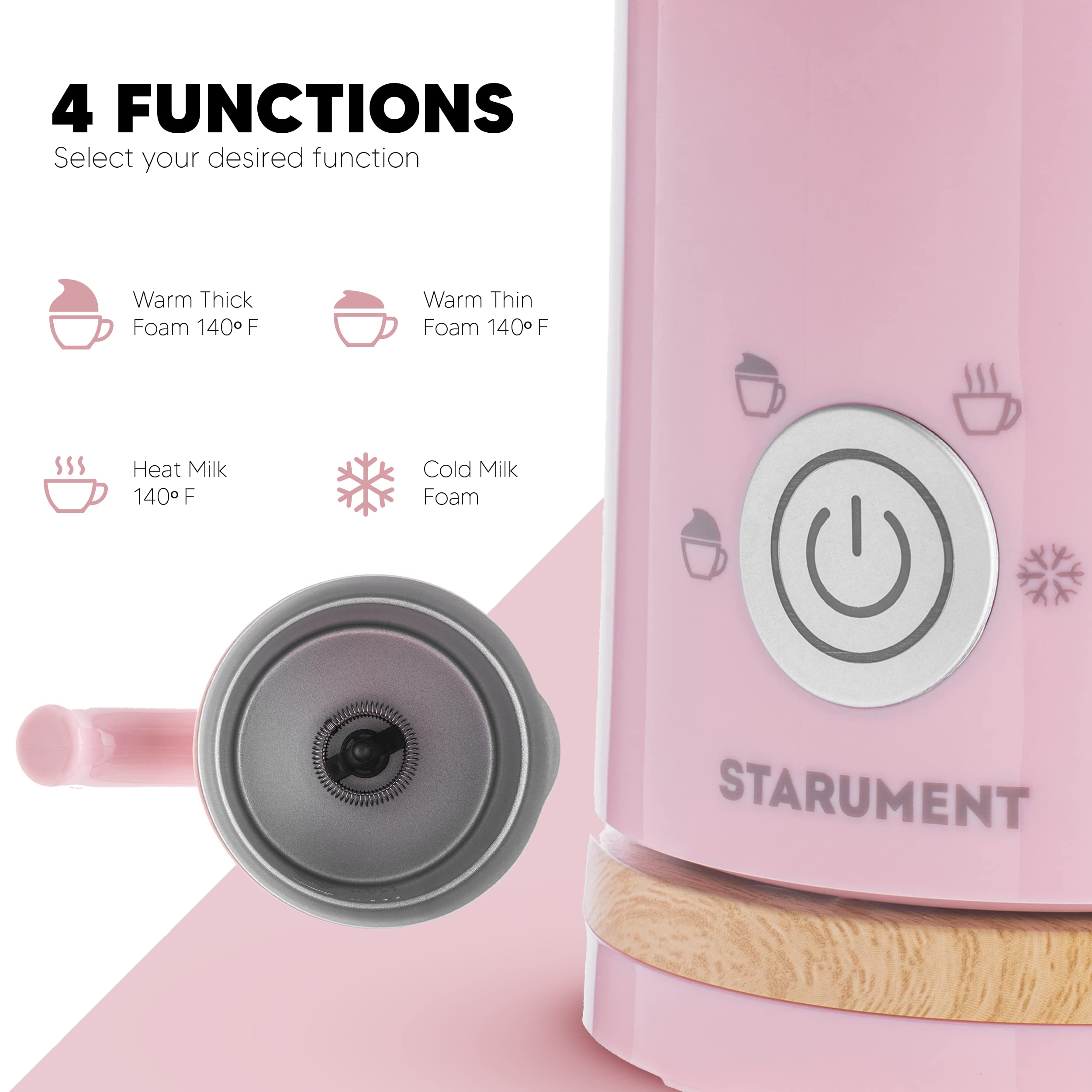Starument Electric Milk Frother - Automatic Foamer & Heater for Coffee, Latte, Cappuccino, Other Creamy Drinks 4 Settings Cold Foam, Airy Dense Foam Warm Easy to Use, Pink, 8x4x5 inches (MS-MF)