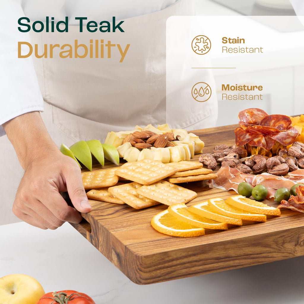 Yes4All Solid Teak Cutting Boards for Kitchen, [17''L x 13''W x 1.5” Thick] Medium Edge Grain Butcher Block Cutting Board, Wood Cutting Boards with Juice Grooves and Easy Grip Handle