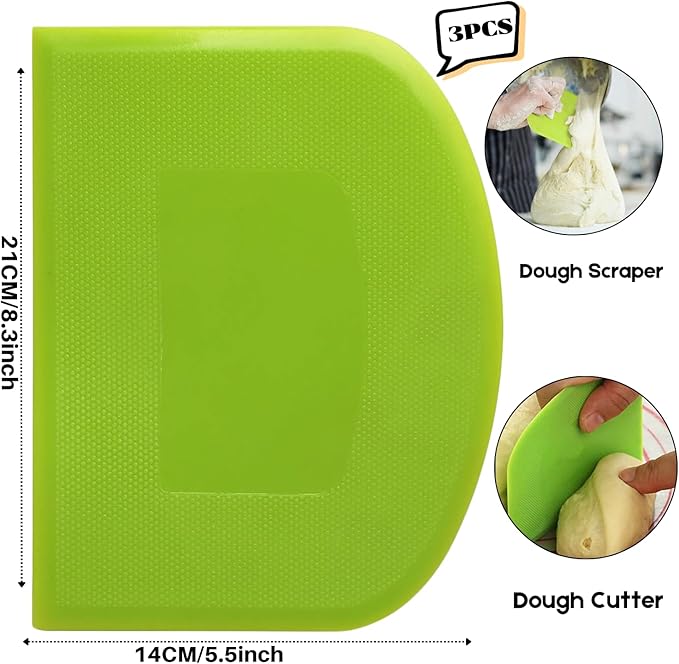 SURDOCA Dough Scraper Bench Scraper - 3P 8.3x5.5" Plastic Flexible Bowl Scraper, Sharp Edge & Angles Cake Scraper. Non-Slip Bakeware Decorating Tools Sculpting & Modeling Tools - Green+Blue+Green