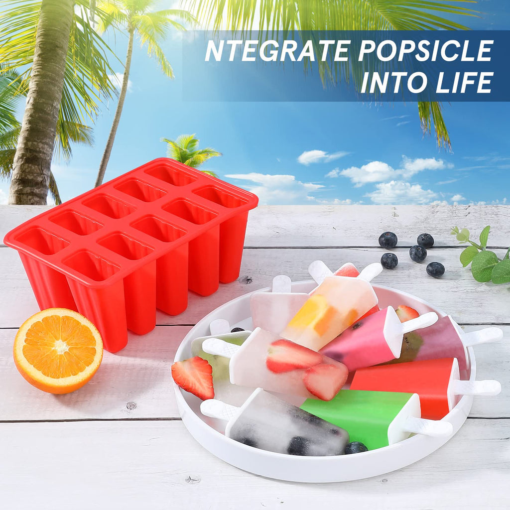 Popsicle Molds,Silicone Ice Pop Molds,BPA Free Popsicle Mold Reusable Easy Release Ice Pop Maker,Homemade Popsicle Mould with Silicone Funnel and Cleaning Brush (Red, 10 Cavities)