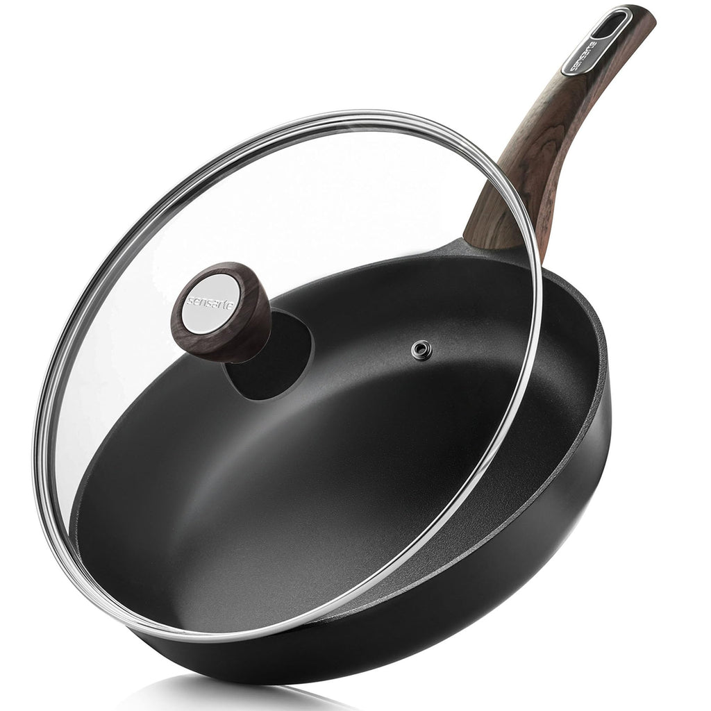 SENSARTE 9.5inch Ceramic Nonstick Frying Pan Paella Pan with Lid, Taupe