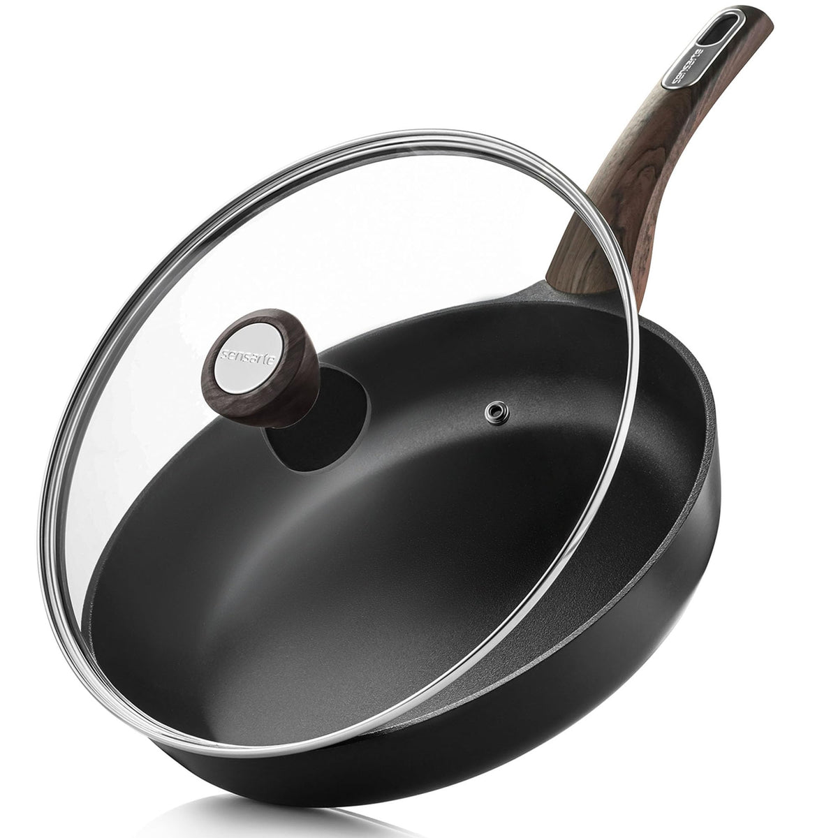 SENSARTE 9.5inch Ceramic Nonstick Frying Pan Paella Pan with Lid, Taupe