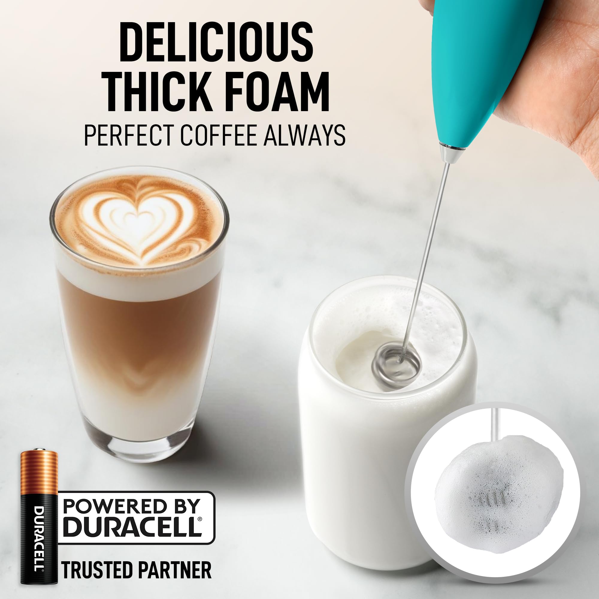 Zulay Kitchen Powerful Milk Frother Wand With Duracell Batteries - Ultra Fast Handheld Drink Mixer - Electric Whisk Foam Maker for Coffee, Lattes, Cappuccino & Matcha - Double Whisk - Caribbean Aqua