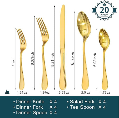 18/10 Stainless Steel Silverware Set for 4, 20 Piece Gold Flatware Set