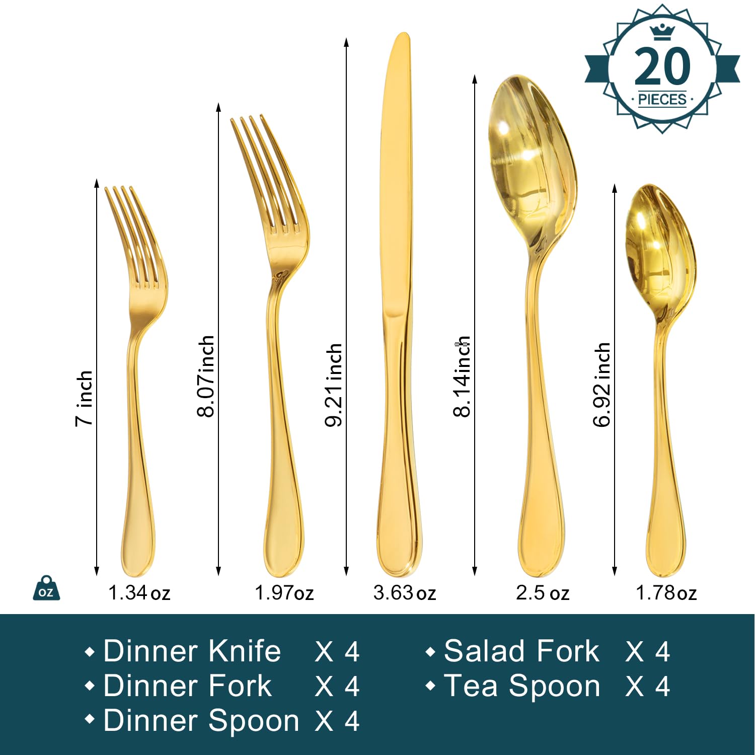 18/10 Stainless Steel Silverware Set for 4, 20 Piece Gold Flatware Set