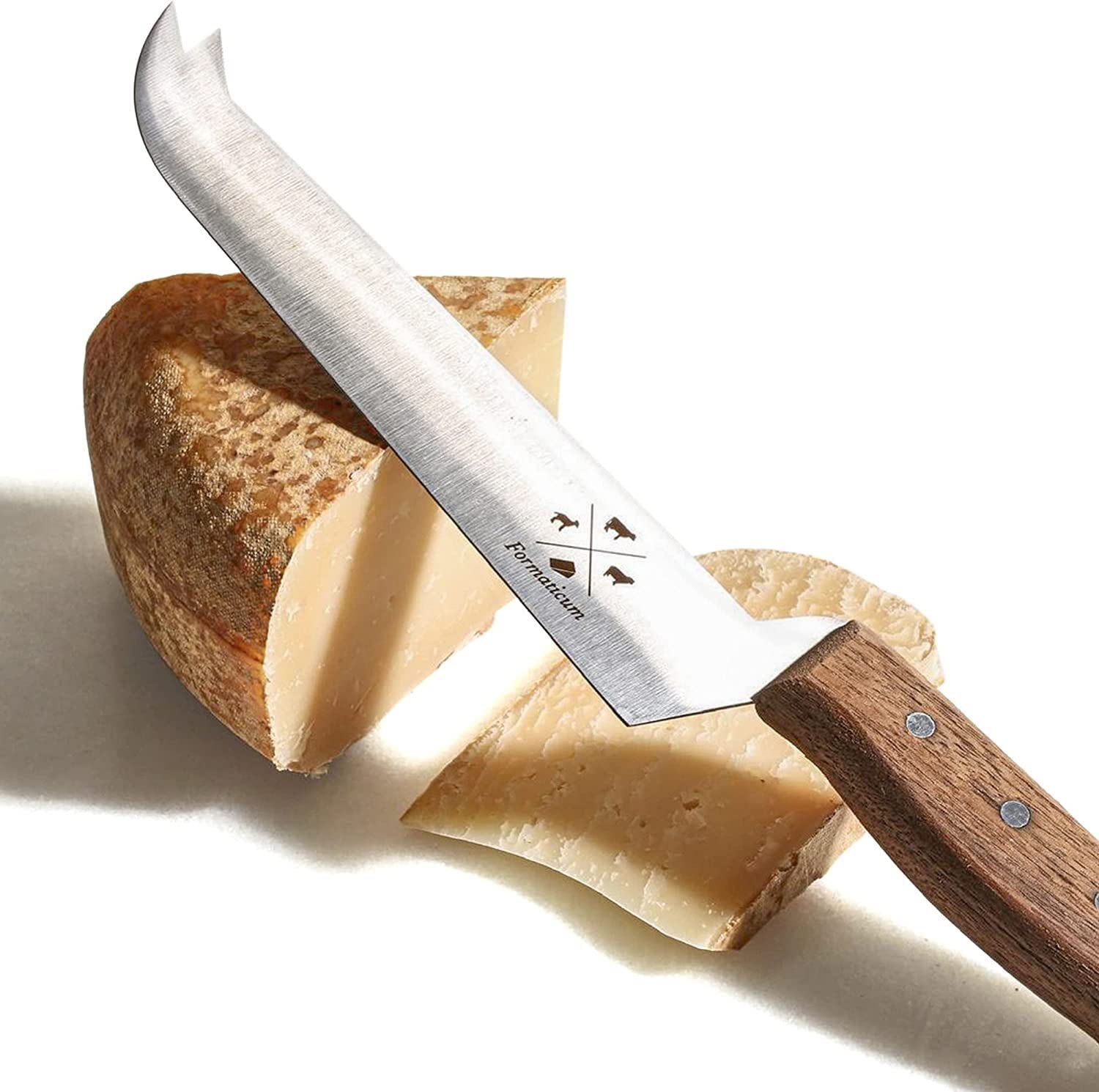 Formaticum Professional Tasting Cheese Knife - Cheese Cutter with Walnut Handle, 7" x 1.25" Stainless Steel Blade, Fork Tip for Tasting, Slicing & Serving, Made in Italy