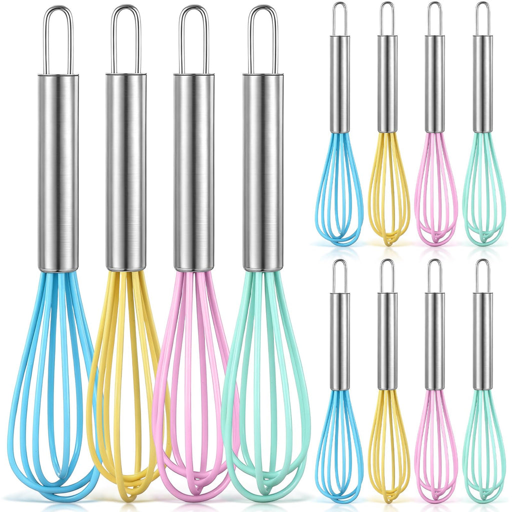 Baderke 12 Pcs 6 Inch Mini Whisks Bulk with Stainless Steel Handles Small Silicone Kitchen Whisks Non Stick Tiny Balloon Wire Whisk for Mixing Stirring Baking Cooking Party Favor Gift(Macaron)