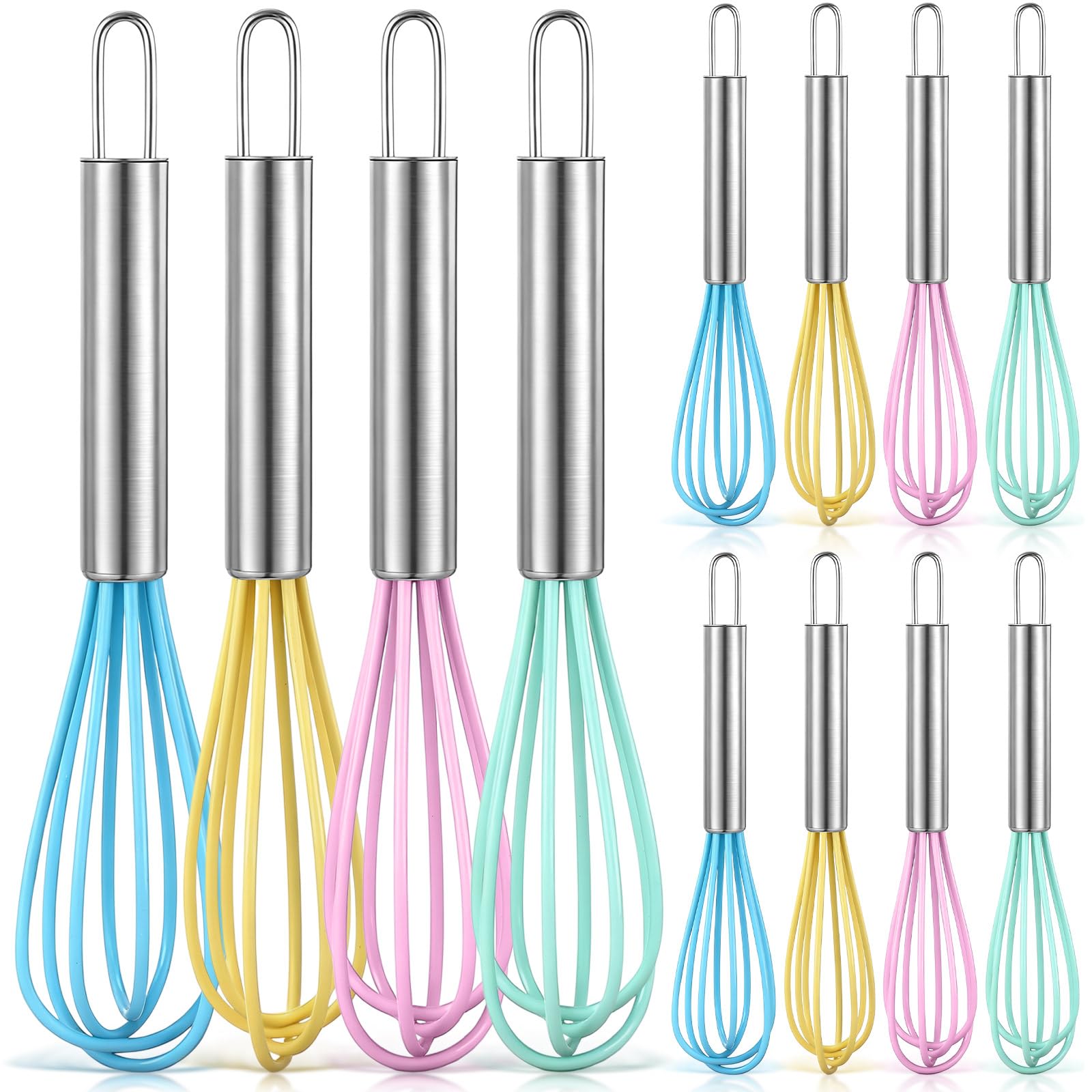Baderke 12 Pcs 6 Inch Mini Whisks Bulk with Stainless Steel Handles Small Silicone Kitchen Whisks Non Stick Tiny Balloon Wire Whisk for Mixing Stirring Baking Cooking Party Favor Gift(Macaron)
