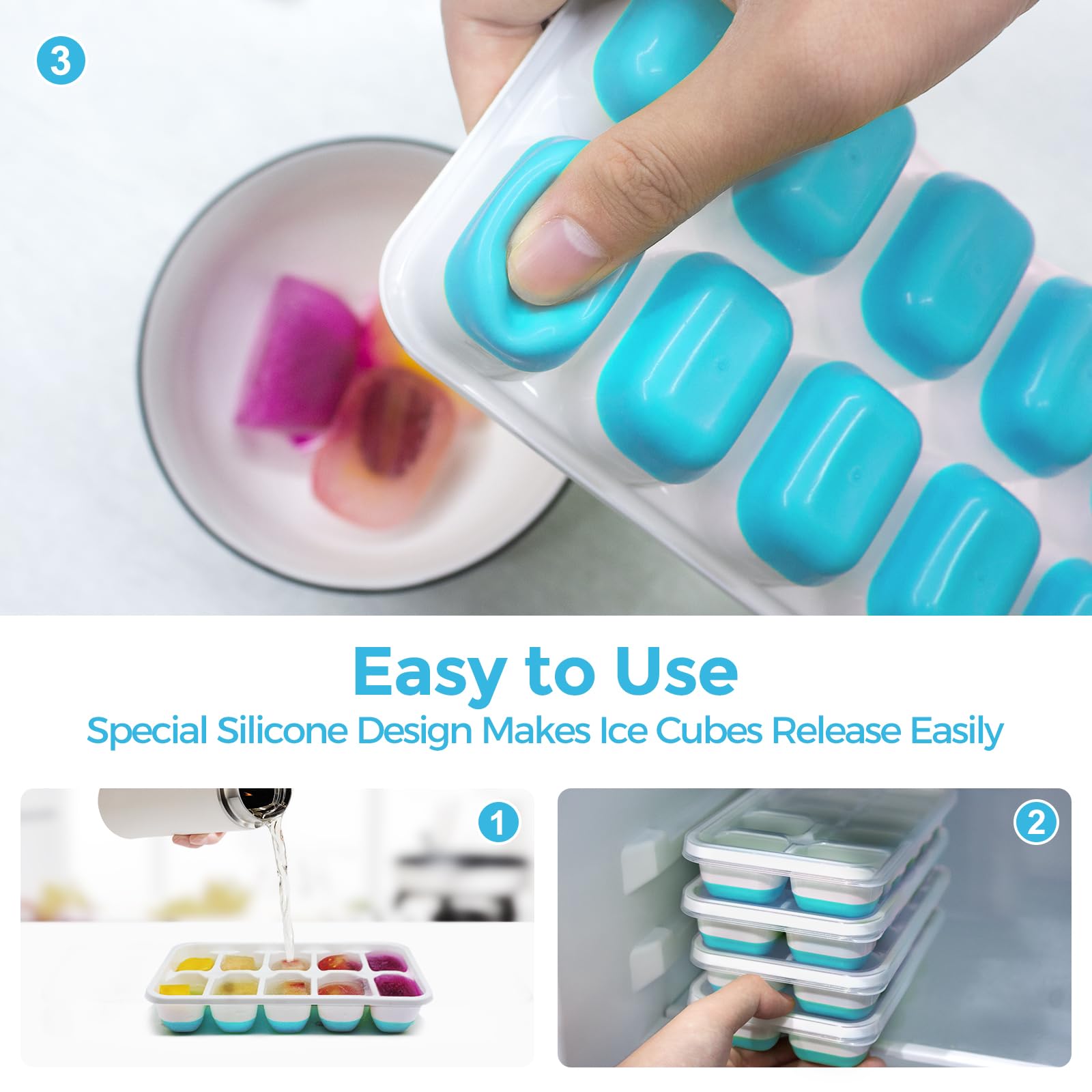 DOQAUS Ice Cube Tray with Lids, 4 Pack Silicone Ice Trays for Freezer