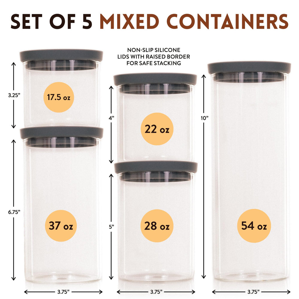 The Hazel Pantry Glass Kitchen Storage Containers with Airtight Silicone Lids, BPA-Free Pantry Glass Jars with Airtight Lid for Pantry Meal Prep, Pasta and Food – Set of 5 with Portion Tool