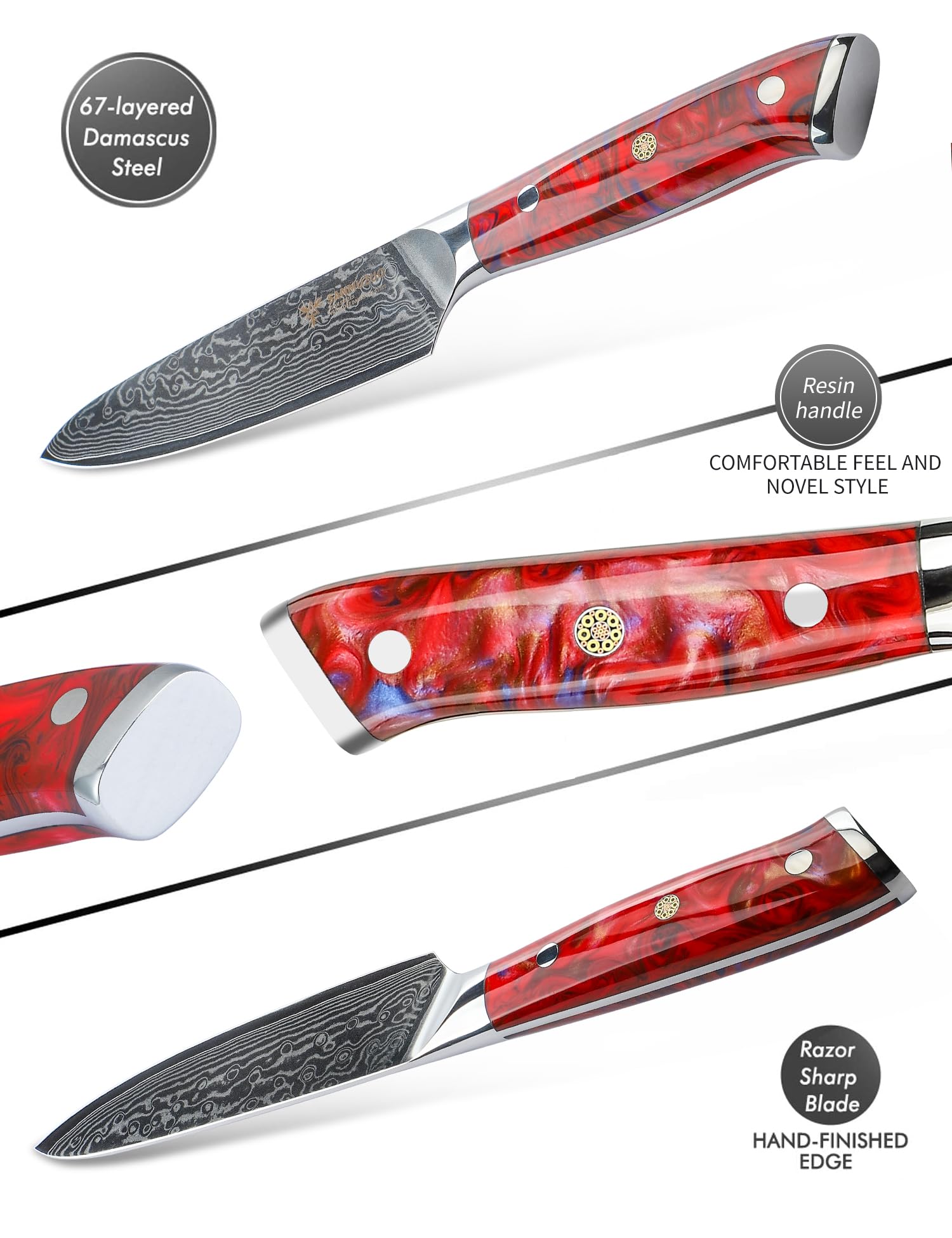 SANMUZUO 5 Inch Kitchen Utility Knife - Xuan Series Kitchen Knives - VG10 Damascus Steel with Resin Handle (Sunset Red)