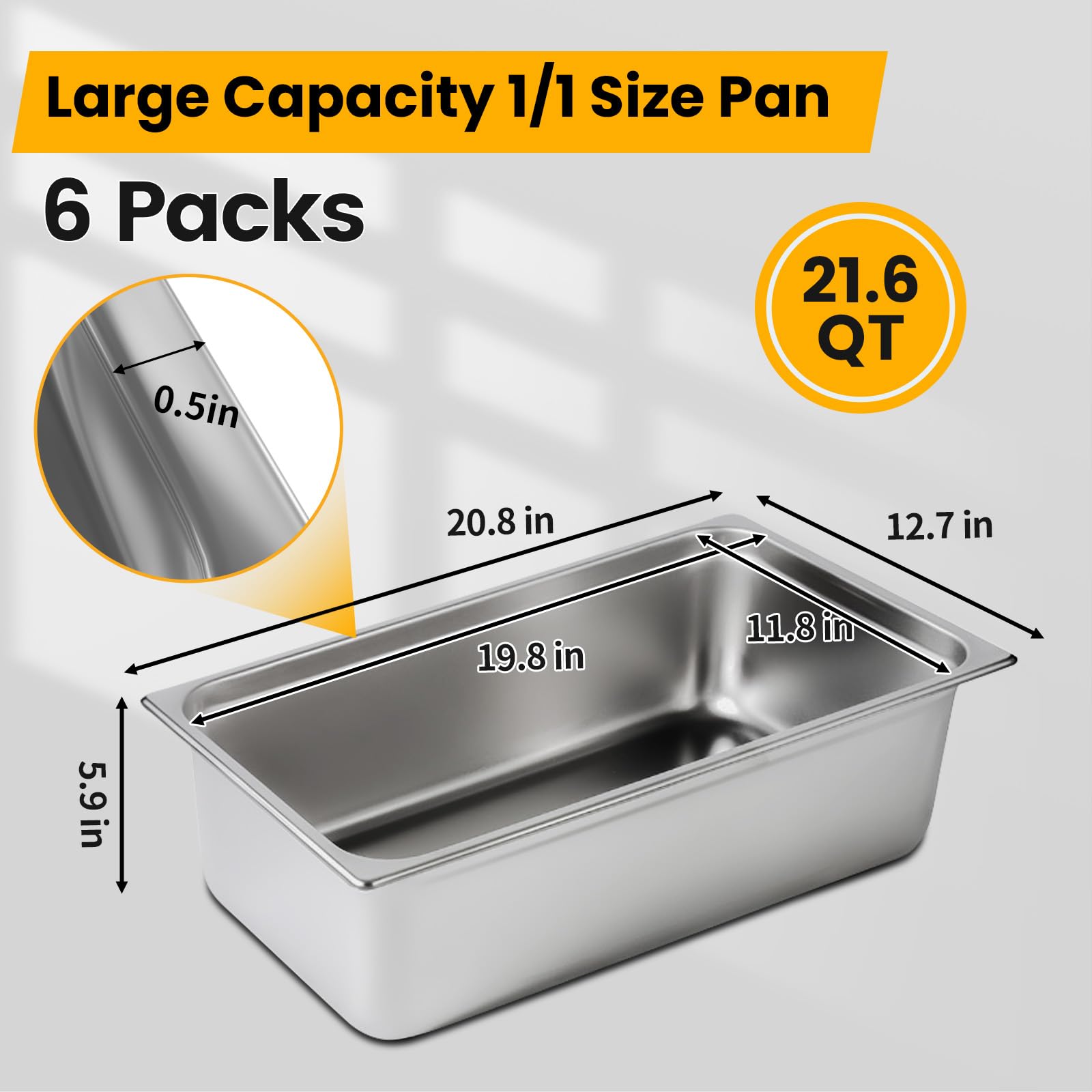 Aplancee Full Size Hotel Pans 6 Inch Deep Stainless Steel Food Pan - Anti-Jam 6 Pack Steam Table Pan Set for Catering, Buffet Use, Kitchen Prep