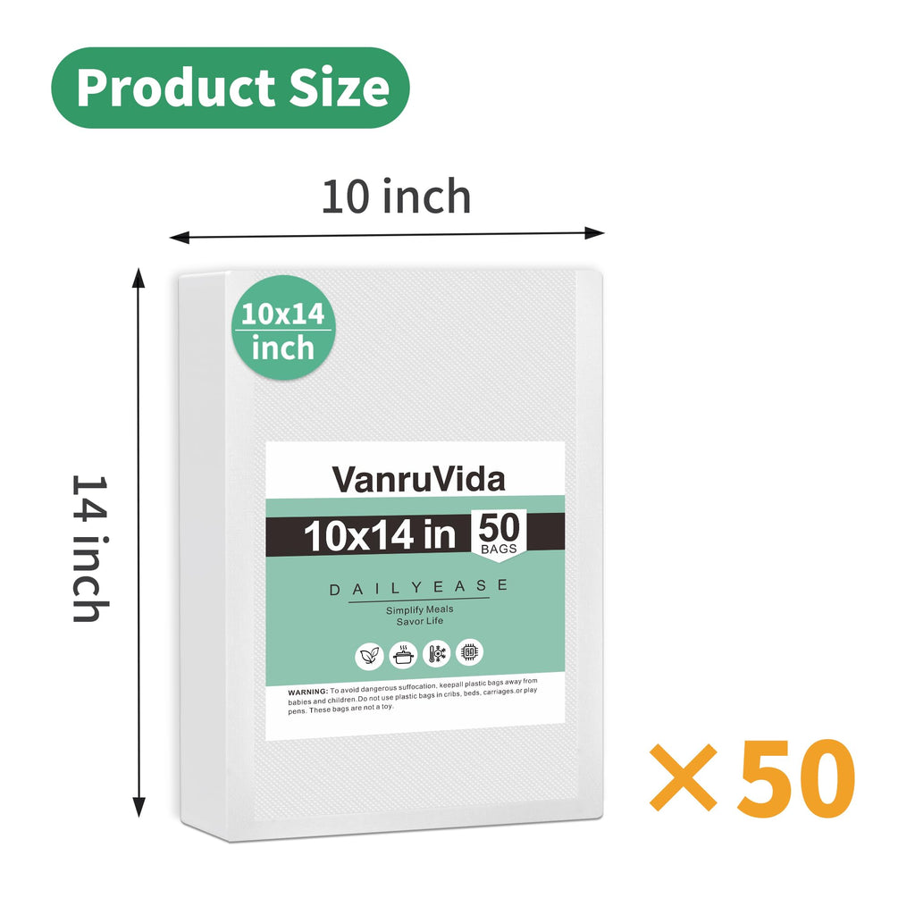 VanruVida Vacuum Sealer Bags,10” x 14” 50 Count for Food Saver,Commercial Grade Textured,BPA Free,Heavy Duty,Great for Vac Storage,Freezer, Meal Prep or Sous Vide