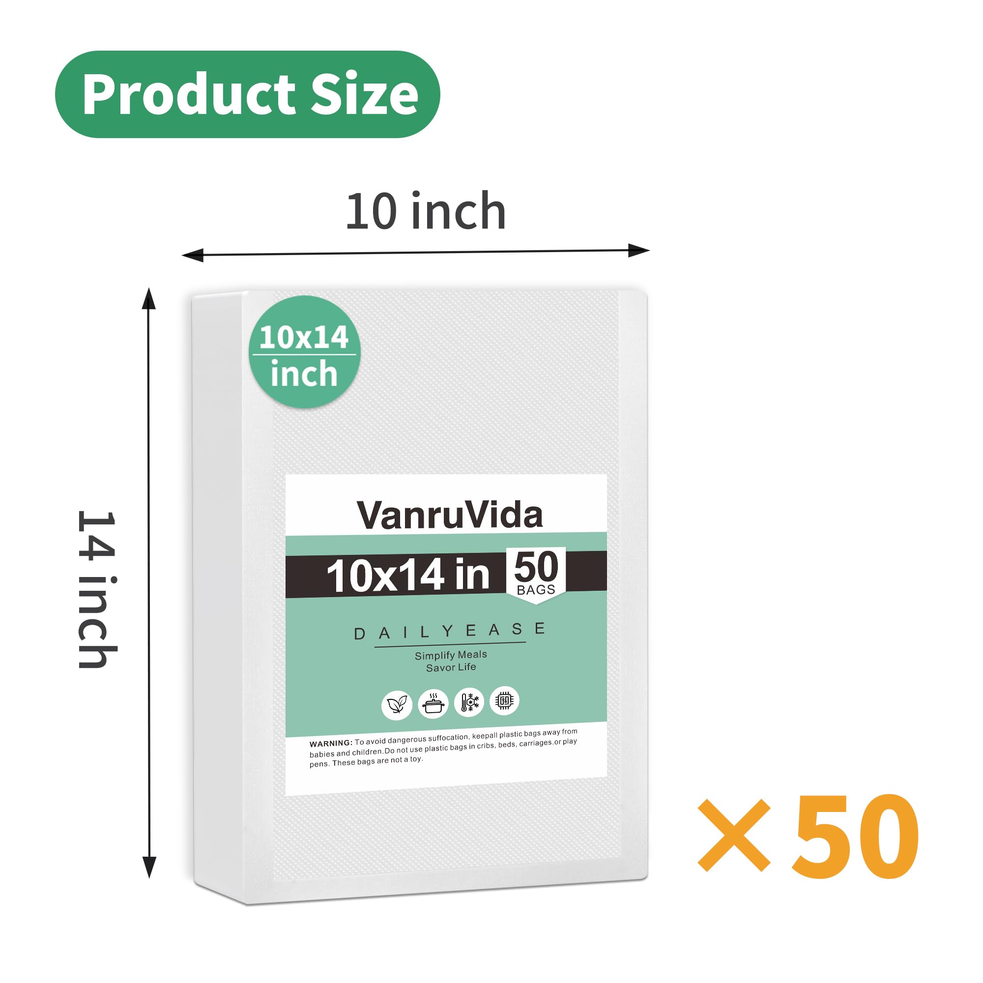 VanruVida Vacuum Sealer Bags,10” x 14” 50 Count for Food Saver,Commercial Grade Textured,BPA Free,Heavy Duty,Great for Vac Storage,Freezer, Meal Prep or Sous Vide