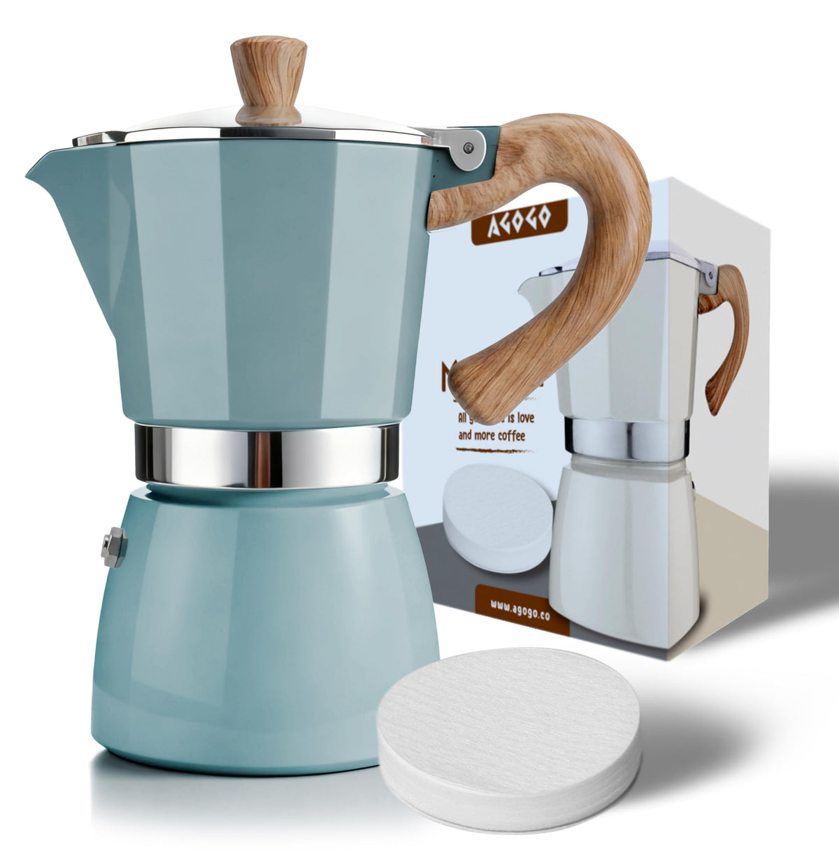 AGOGO Moka Pot Stovetop Espresso Set & Cuban Coffee Maker 6-Cup/300ml Blue