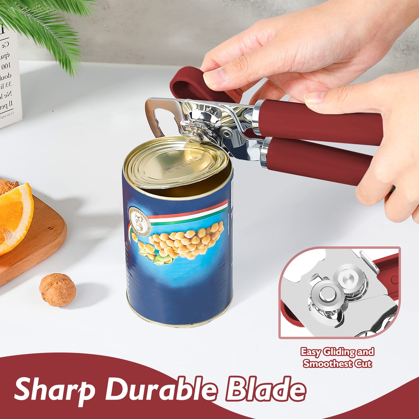 Mebotem 10 Colors Can Opener Manual Handheld Heavy Duty Hand Can Opener Smooth Edge Stainless Steel Can Openers Top Lid Kitchen Gadgets, Best Large Rated Easy Turn Knob, with Bottle Opener, Burgundy