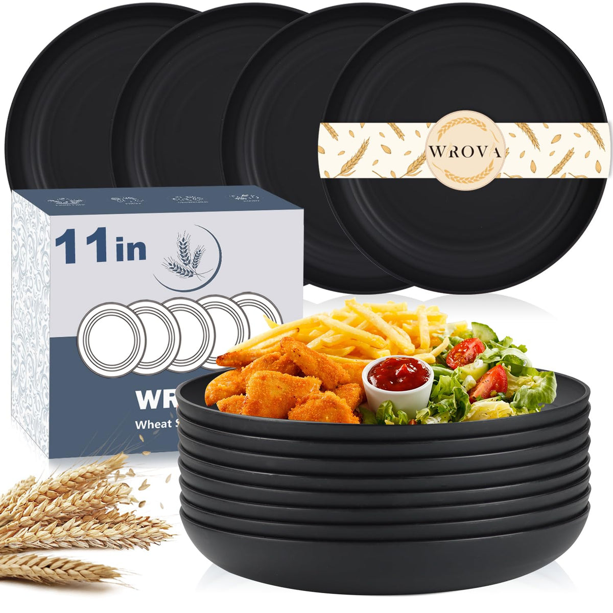 Wrova Wheat Straw Plates - 8 Inch Unbreakable Dinner Plates Set of 8 - Dishwasher & Microwave Safe Plastic Plates Reusable - Lightweight Plates for kitchen,R.V (pure black)
