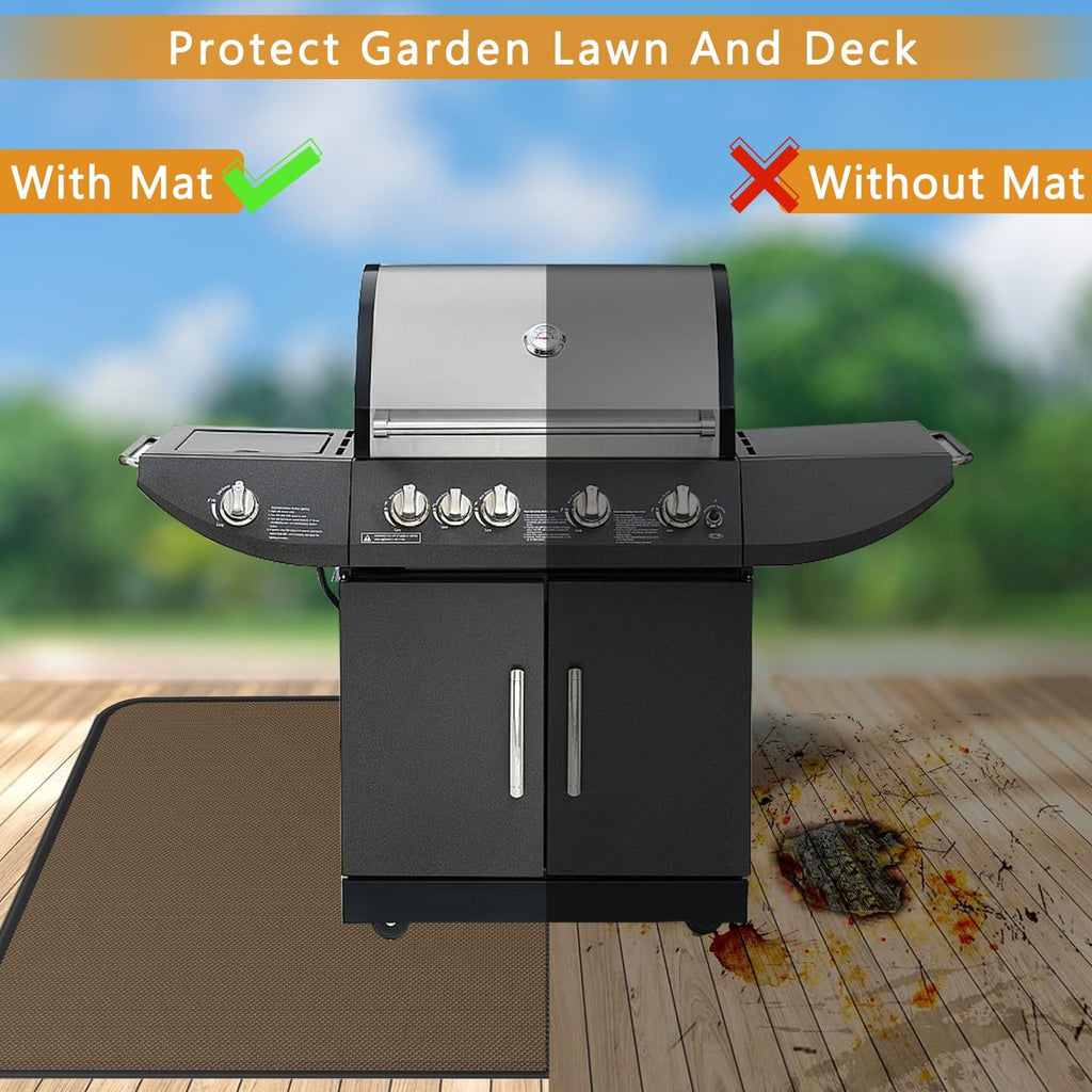 Anze Under Grill Mat for Outdoor Grill, 38x65 Inch Anti-Slip BBQ Floor Mats, Easy to Clean Reusable Fireproof Grill Pad, Oil-Proof Waterproof Protector for Indoor Fireplace Pit Mat Brown
