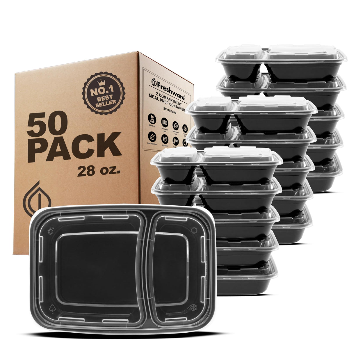 Freshware Meal Prep Containers with Lids 28 oz [50 Pack] 2-Compartment Food Storage Containers, Bento Box Lunch Containers, BPA Free, Airtight, Stackable, Reusable, Microwave/Dishwasher/Freezer Safe