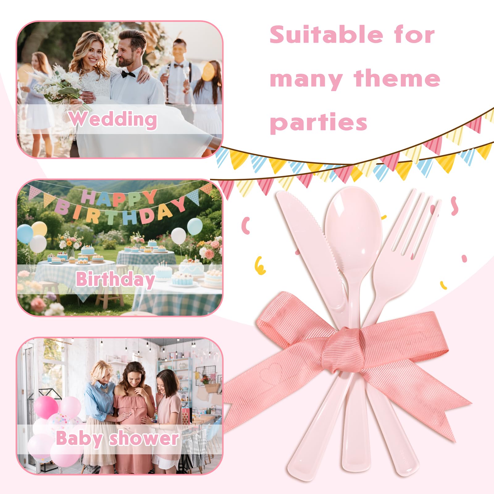 Supernal 300 Pieces Pink Plastic Silverware Heavy Duty Disposable Silverware Pink Utensils Disposable Cutlery Set 100 Forks 100 Knives 100 Spoons for Wedding Party Supplies Everyday Use