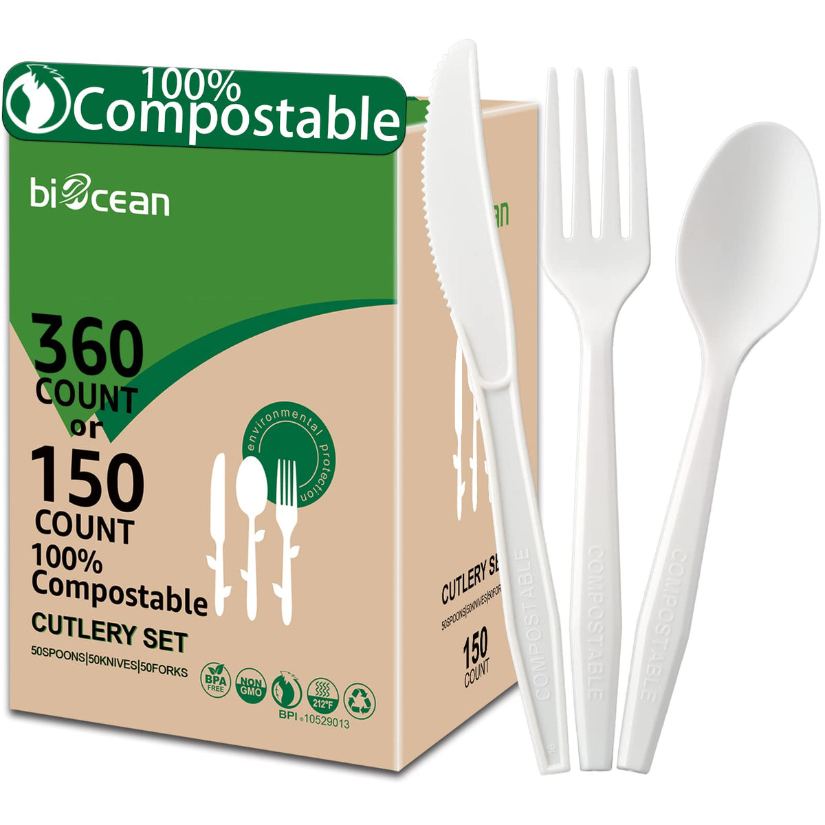BIOCEAN 100%Compostable No Plastic Knives Disposable Forks Spoons Plastic Utensils, The Heavyweight Heavy Duty Flatware is Eco Friendly Products for Lounge Party Wedding BBQ Picnic Camping [150 Count]