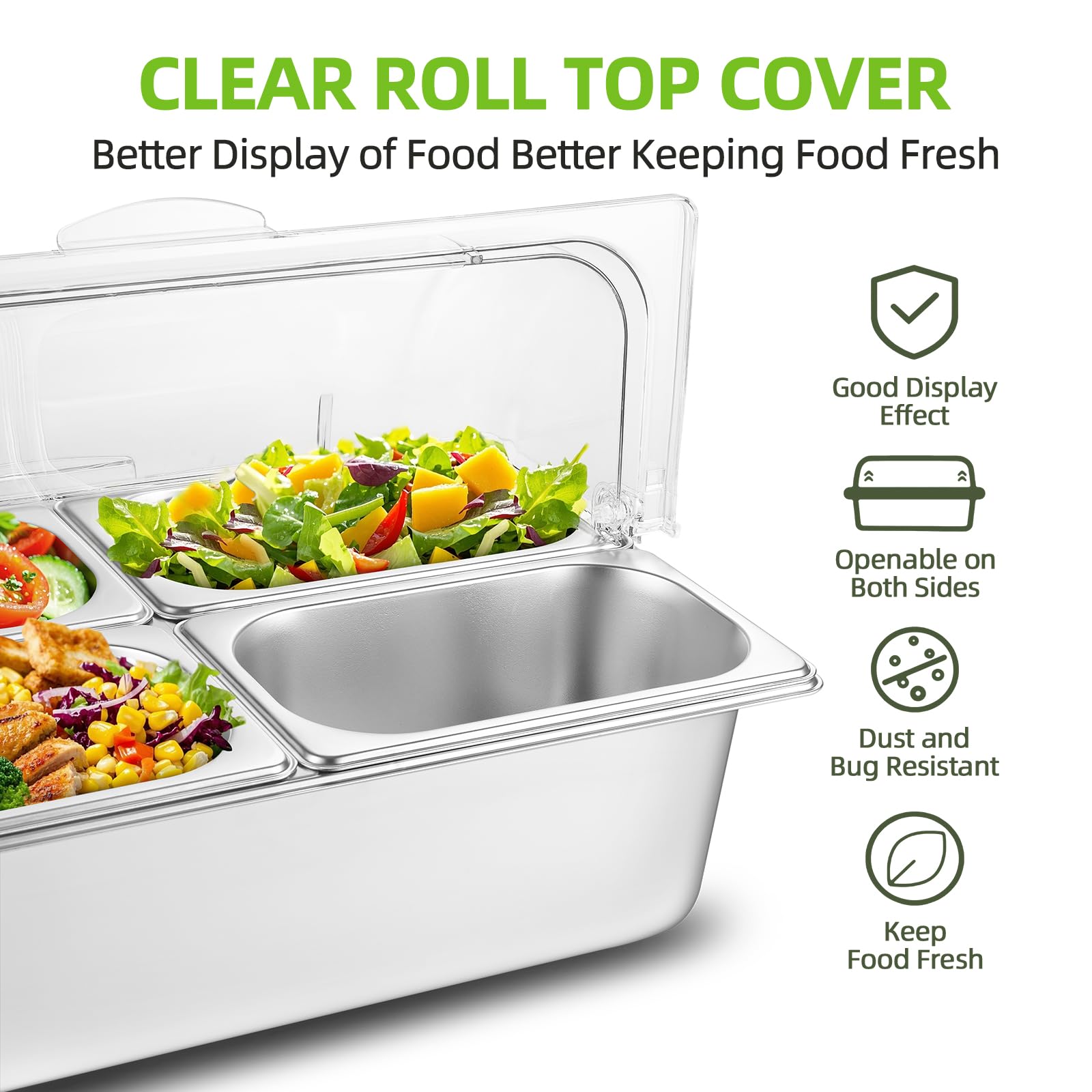 Tijvzk Stainless Steel Ice Food Serving Display Container 6 Pans 3 Ice Packs Cooled Condiment Dispenser Cold Serving Appetizer Buffet Organizer (4 Pans)