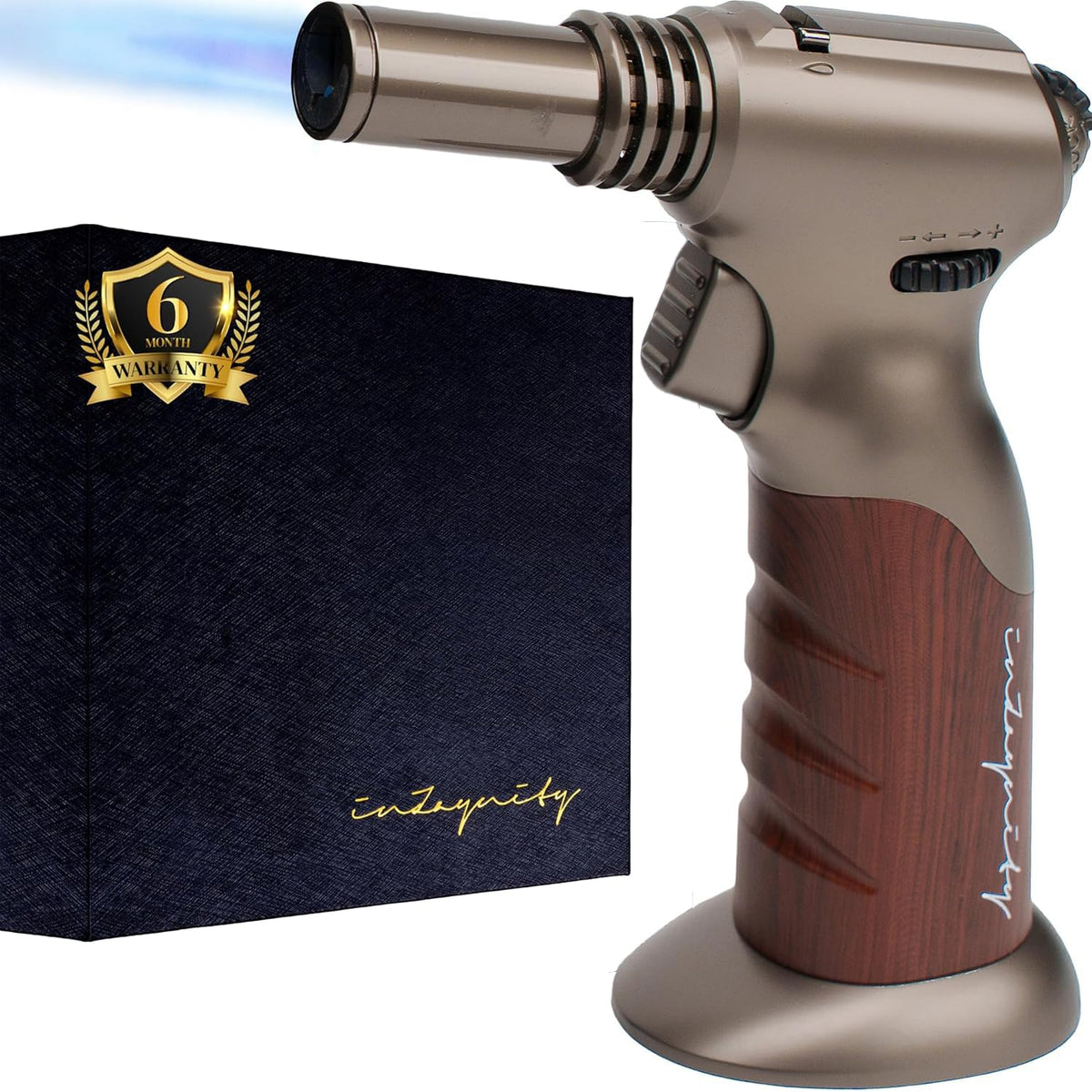 inZaynity® Dual Flame Butane Torch Lighter – Refillable Kitchen Torch with Adjustable Flame & Ignition Lock for Cooking, Crème Brûlée, Soldering, Resin Art & More – Brown Steel