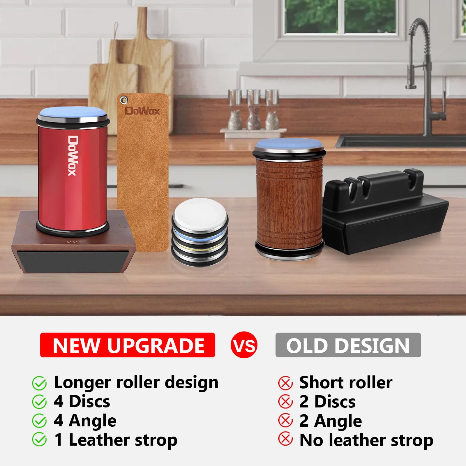 DOWOX Longer Rolling Knife Sharpener with Leather Strop, Upgraded Rolling Knife Sharpening with 4 Degree Angle and 4PCS Replaceable Honing Discs, Easy to Sharpen Ktichen Knives, Red, DW-RS2-Red