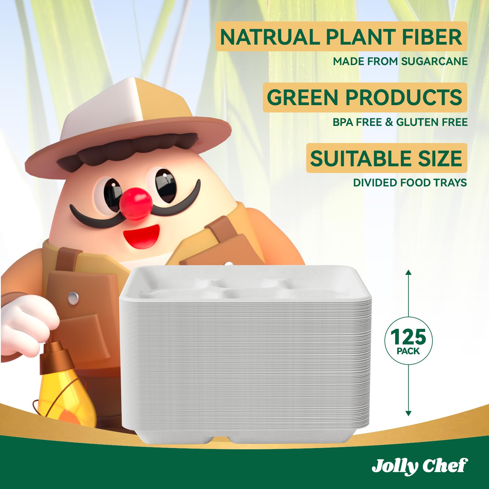 JOLLY CHEF Compostable 𝟱 Compartment Paper Plates 10*8.25*1 𝗶𝗻𝗰𝗵 [𝟭𝟮𝟱 𝗣𝗮𝗰𝗸] Small Heavy Duty Divided Disposable White Eco-Friendly Biodegradable Food Tray for School Lunch Dinner Christmas