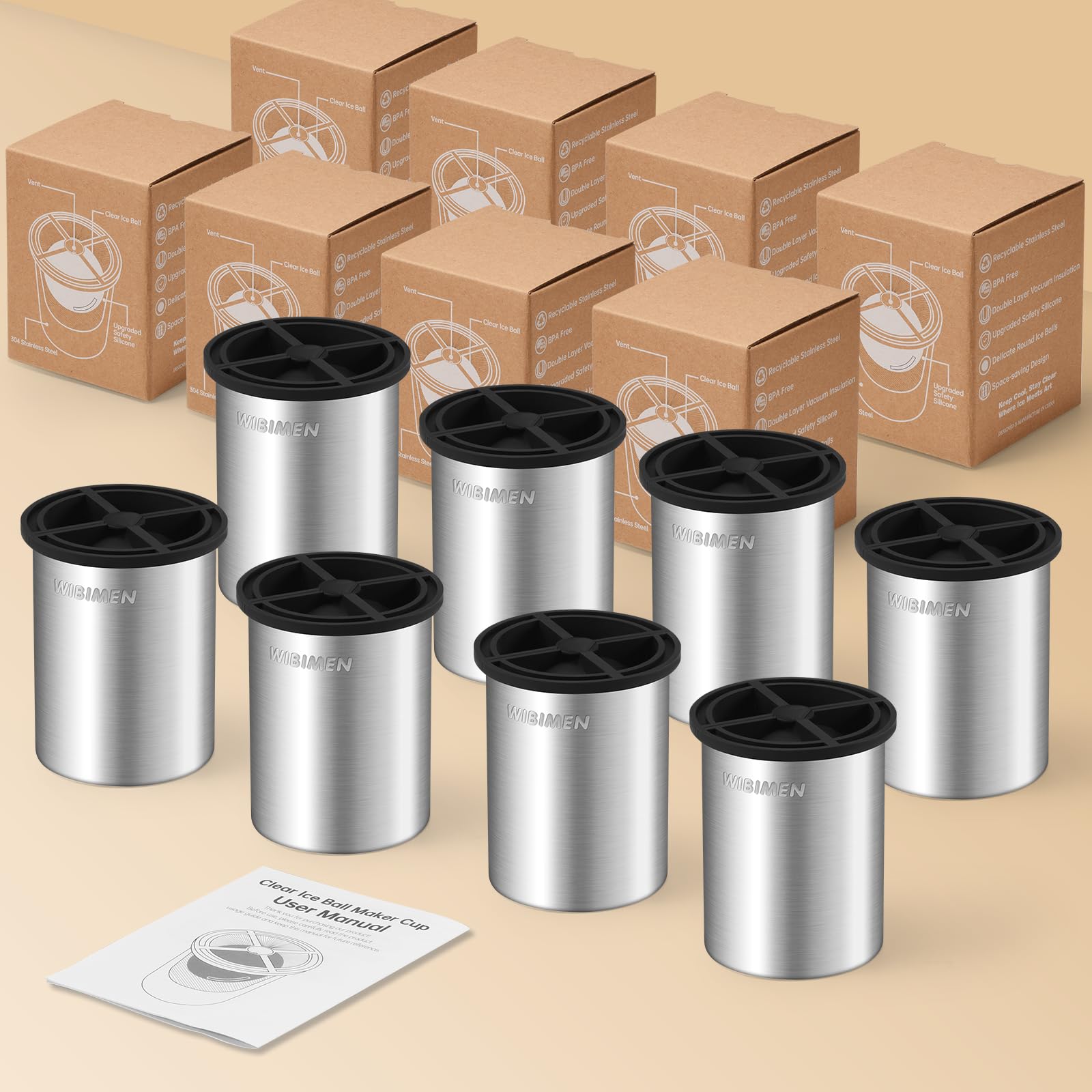 Clear Ice Cube Maker - 2.5" Ball - Stainless Steel Clear Ice Maker - Compact Design - for Whiskey, Cocktails, Bourbon - 8 PACK