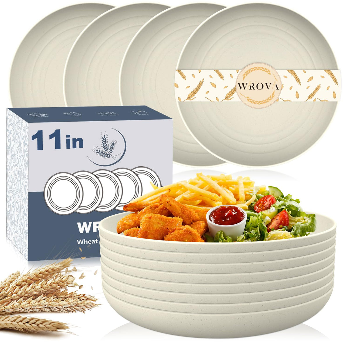 Wrova Wheat Straw Plates - 8 Inch Unbreakable Dinner Plates Set of 8 - Dishwasher & Microwave Safe Plastic Plates Reusable - Lightweight Plates for kitchen,R.V (pure black)