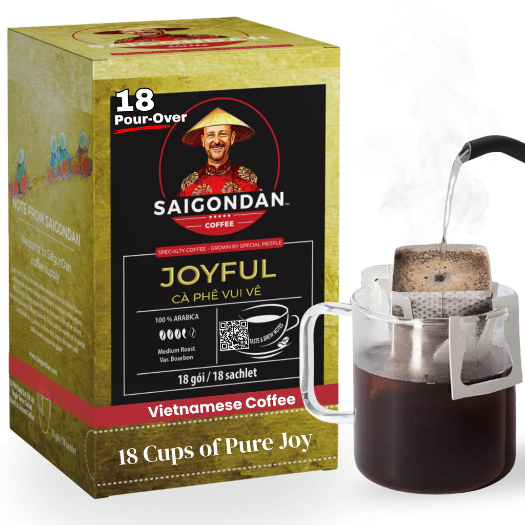 Joyful Pour Over Vietnamese Coffee – SAIGONDAN Single Serve Coffee Sachets | Medium Roast, 100% Arabica | Specialty Coffee with Instant Convenience for Home, Office, Travel & Camping (18 Sachets)