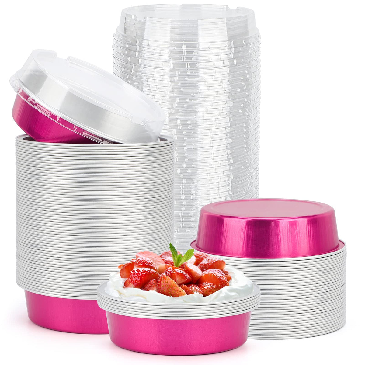 Beasea Mini Pie Pans with Lids, 120 Pack 4 Inch 8oz Disposable Mini Cake Pans Creme Brulee Aluminum Foil Pie Tart Ramekins Tins Silver Small Individual Round Containers Oven Safe for Baking