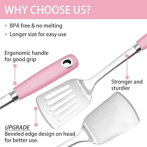 14-in Pink Spatula Set, 18/0 Stianless Steel Heavy Duty Turner & Slotted Spatula, Kitchen Cooking Utensils Set, High Heat Resistant, Grilling Frying Serving Food, Pack of 2