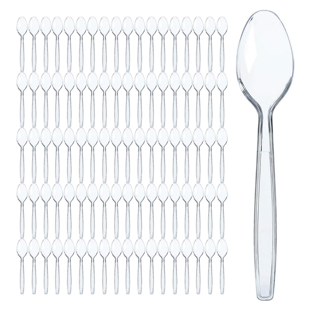 Prestee 300 Plastic Spoons Bulk - 6-Inch Heavy Duty Disposable Silverware and Plastic Utensils Set - Durable Clear Cutlery for Hot and Cold Food - Strong Spoon Flatware for Parties and Events