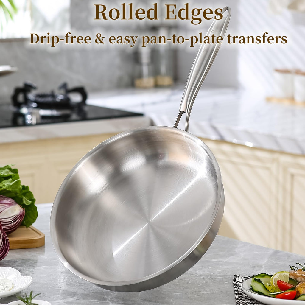 DELARLO Tri-Ply Stainless Steel Pan, 18/10 Frying Pan, Oven Safe Up to 600°F, Nontoxic Cookware, Compatible with All Cooktops Skillet, Durable, Fast Even Heat Fry Pan,9" Pan with Lid