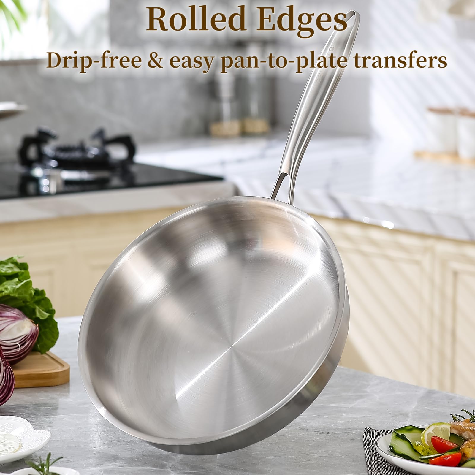 DELARLO Tri-Ply Stainless Steel Pan, 18/10 Frying Pan, Oven Safe Up to 600°F, Nontoxic Cookware, Compatible with All Cooktops Skillet, Durable, Fast Even Heat Fry Pan,9" Pan with Lid