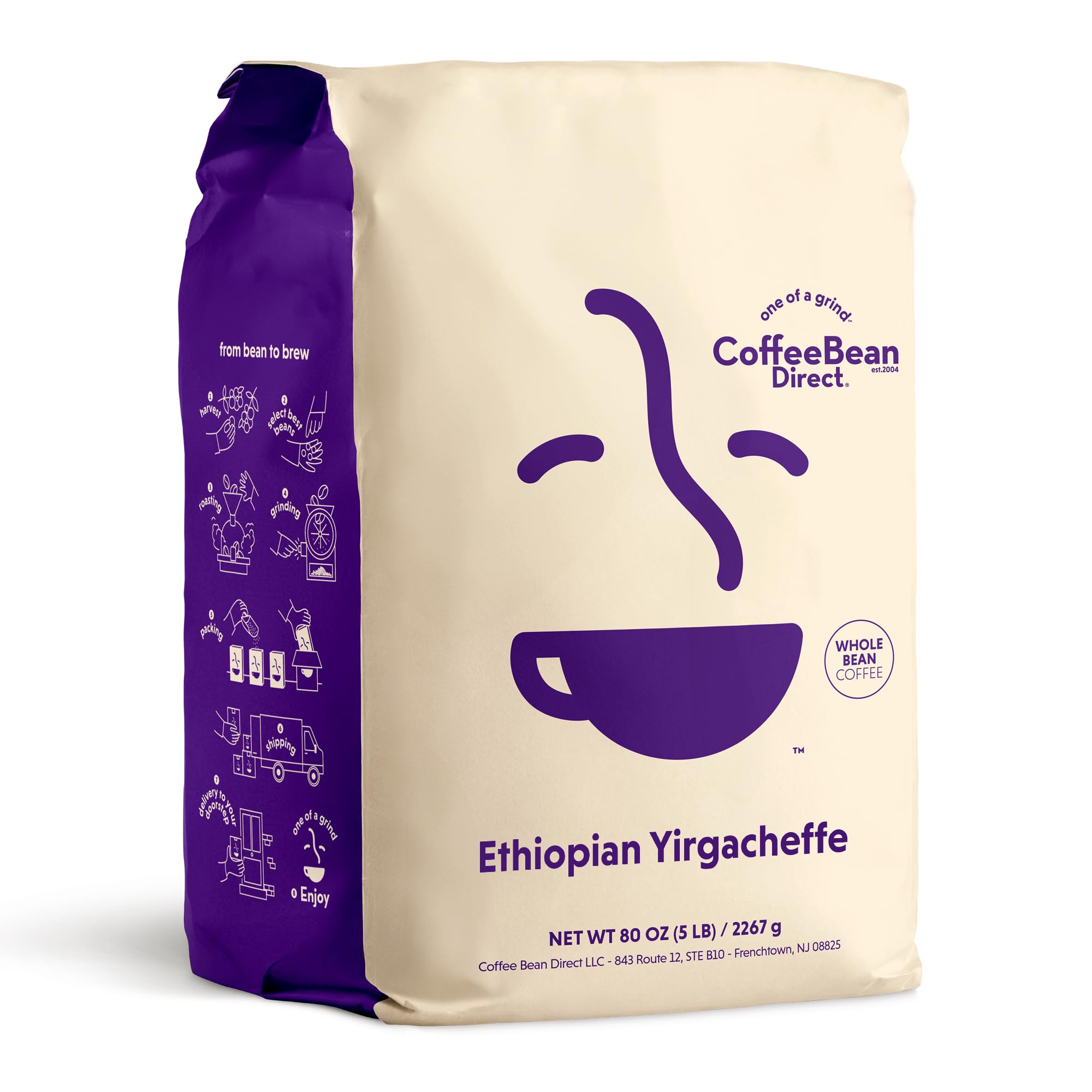Coffee Bean Direct Ethiopian Yirgacheffe, Whole Bean, 5lb Bag