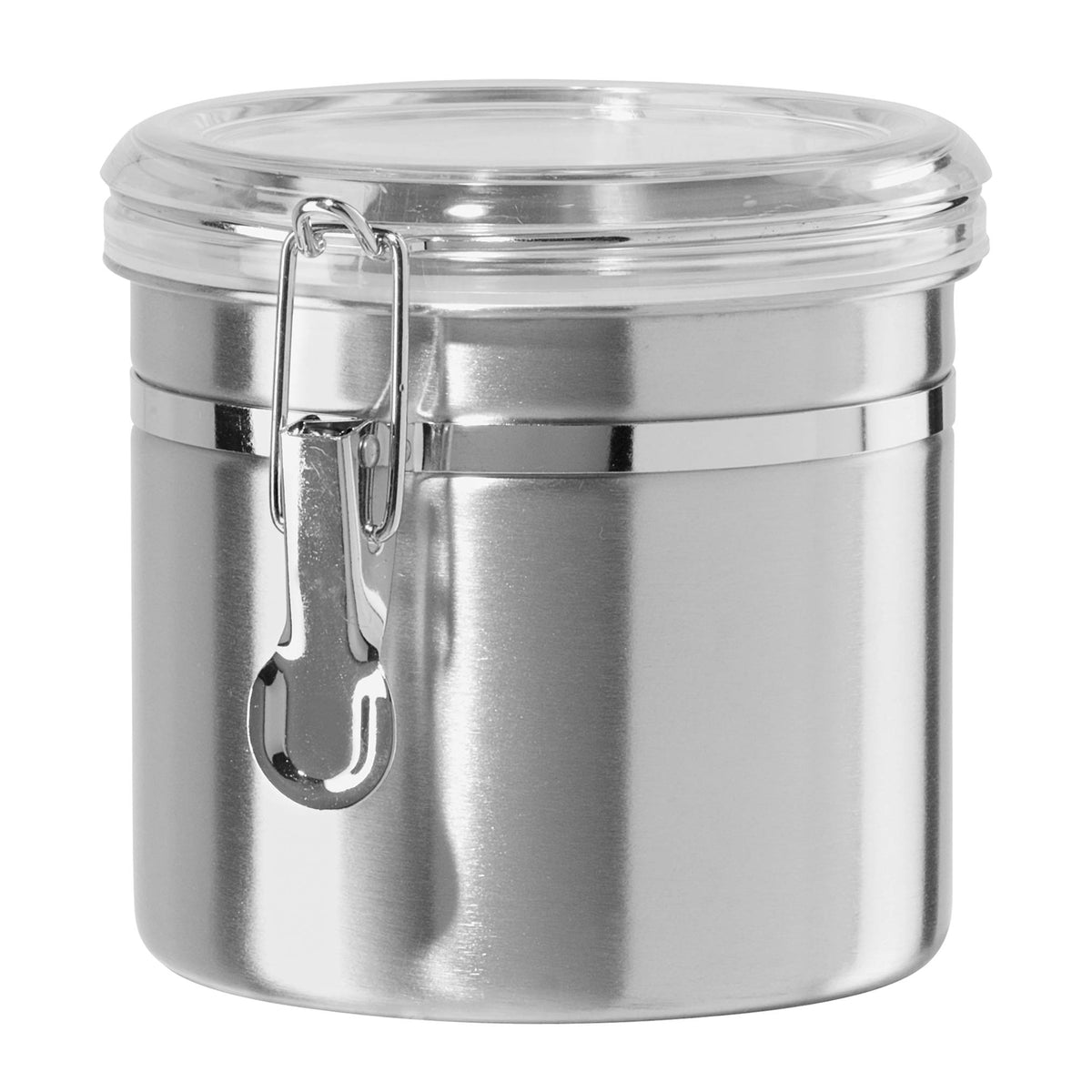 Oggi Stainless Steel Kitchen Canister 26 fl oz - Airtight Clamp Lid, Clear See-Thru Top - Ideal for Kitchen Storage, Food Storage, Pantry Storage. Size 5" x 3.5".
