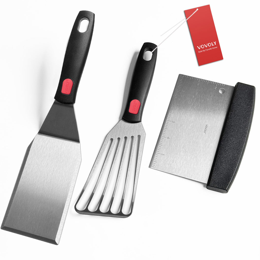 Stainless Steel Spatula Set with Heat Resistant Silicone Handle, VOVOLY Metal Spatulas For Kitchen Use, Thickened Smash Burger Spatula, Fish Flipper, Bench Scraper