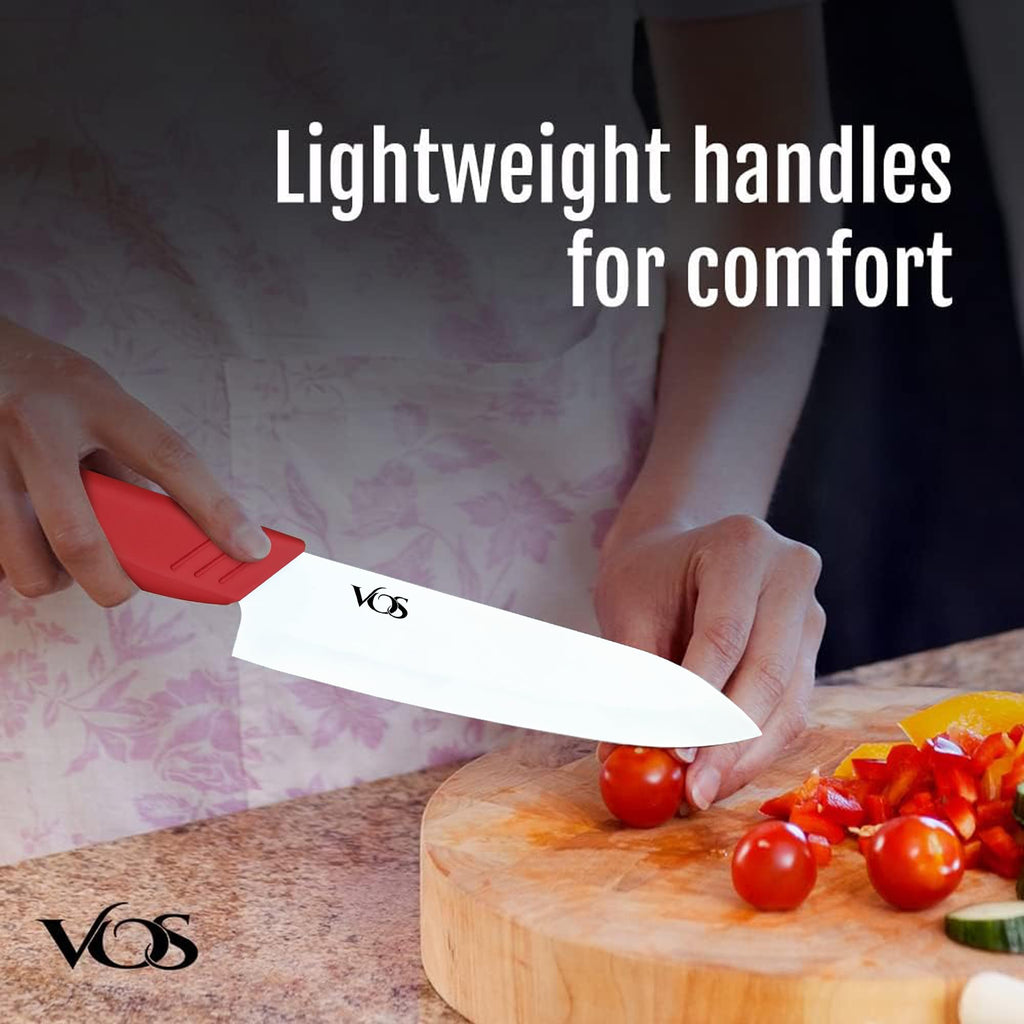 Vos Ceramic Knife Set in Elegant Gift Box, Ceramic Knives Set For Kitchen, Ultra Sharp Kitchen Knife Set with Covers, 4" 5" 6" Paring, Santoku & Chef Knife, Lightweight, Dishwasher safe (Multi-Color)