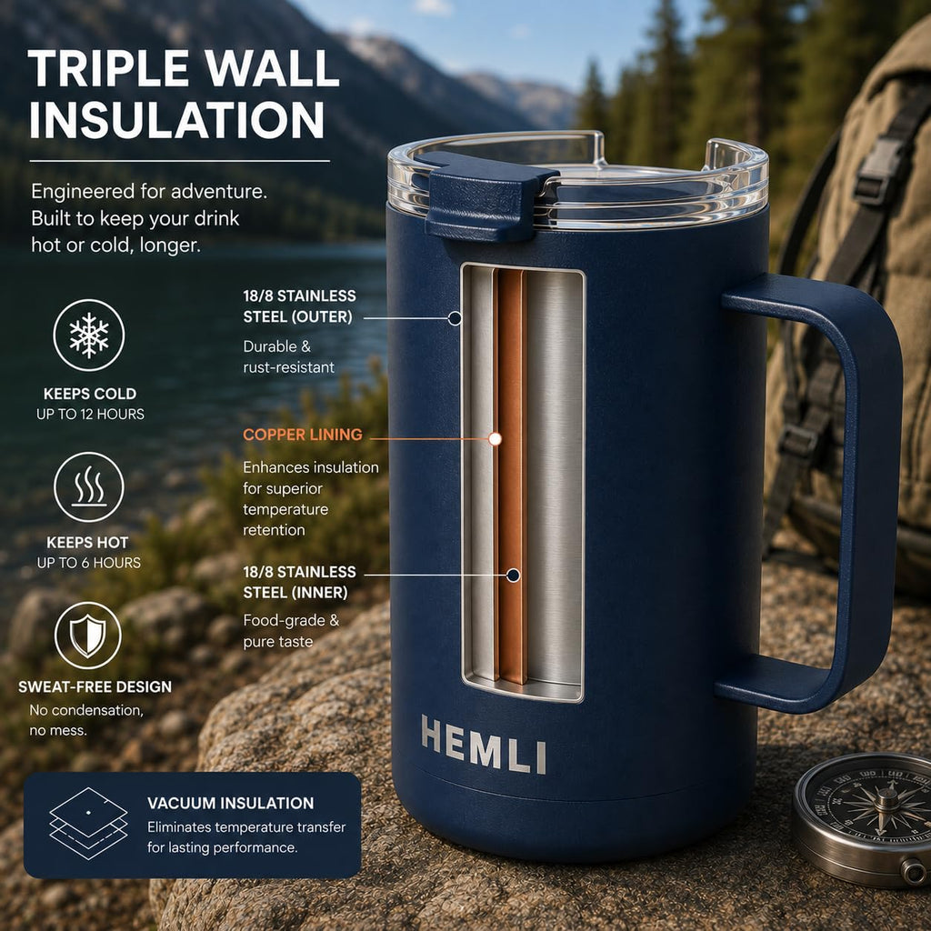 Hemli 16 oz Pour Over Camp Coffee Maker Set– Vacuum Insulated Mug with Leakproof Lid, Stainless Steel Micro Filter, Portable Coffee Maker for Camping, Travel & Outdoor Adventures