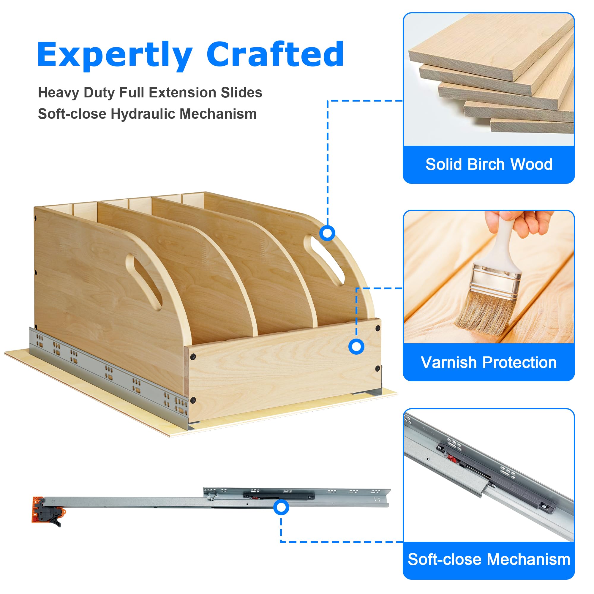 WelFurGeer Birchwood Pot and Pan Organizer with Soft-Close Drawer, Pull Out Cabinet Organizer, Heavy-Duty Slide-Out Storage for Baking Sheets, Cutting Boards, and Kitchen Utensils
