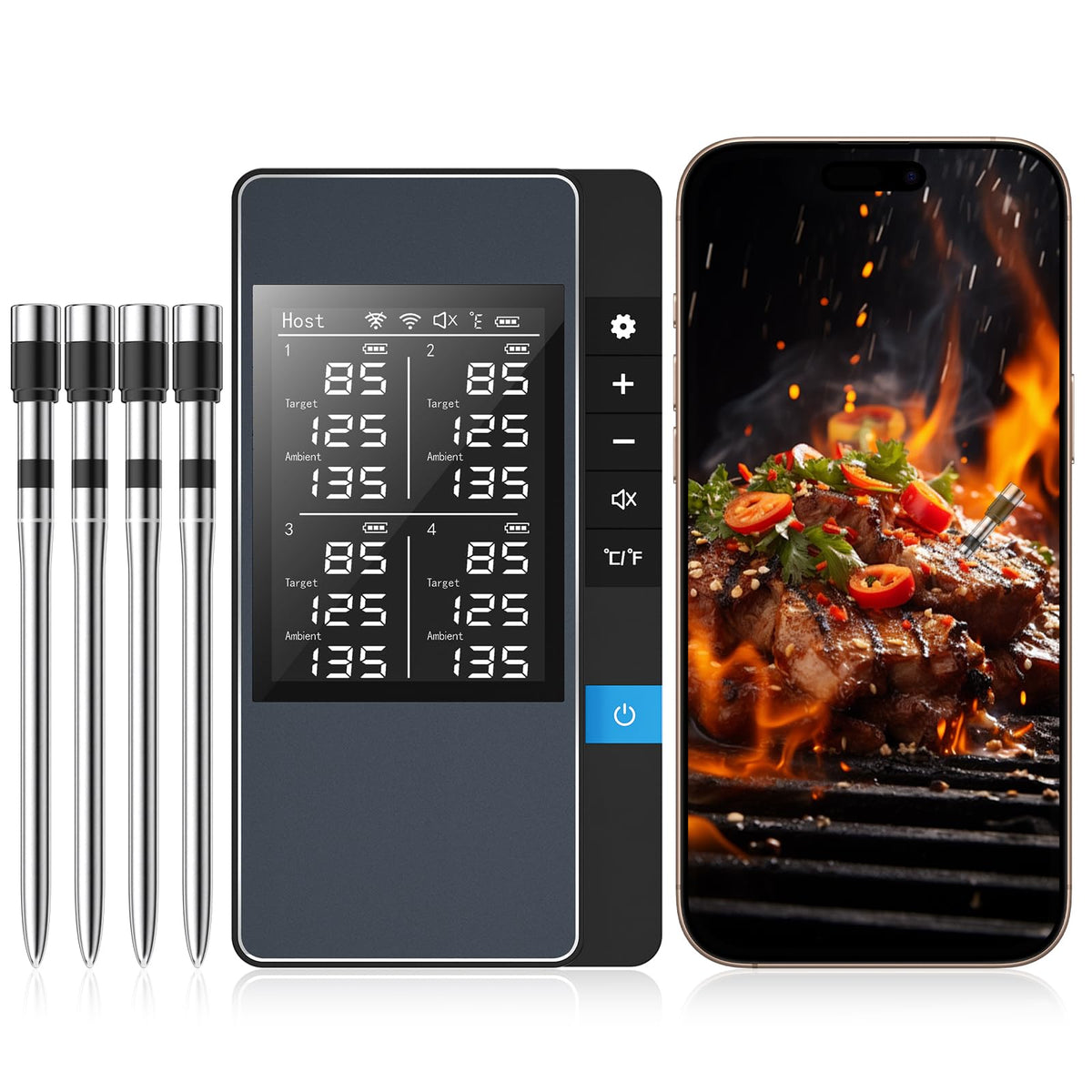 Smart Bluetooth Wireless Meat Thermometer, Digital Smart Base, 2 Probes