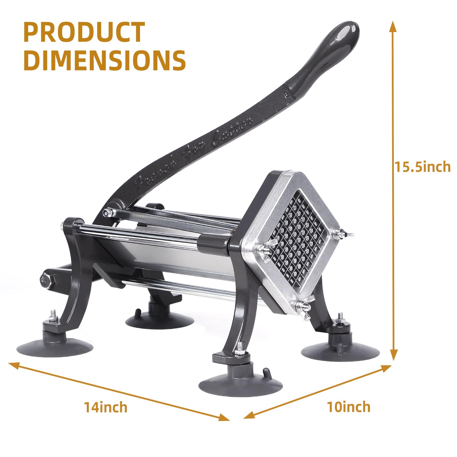 French Fry Cutter Commercial Grade Potato Slicer with Stand Suction Feet Complete Set, Includes 1/4", 3/8", 1/2", 2 Pieces L Stand