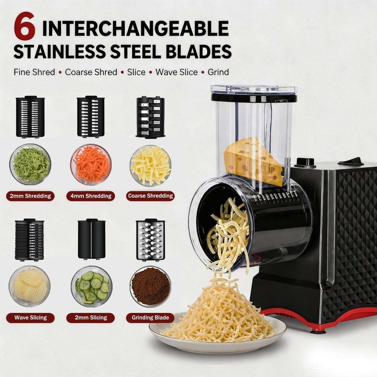 YOTAN Electric Cheese Grater, Salad Maker with 6 Different Shapes of Blades