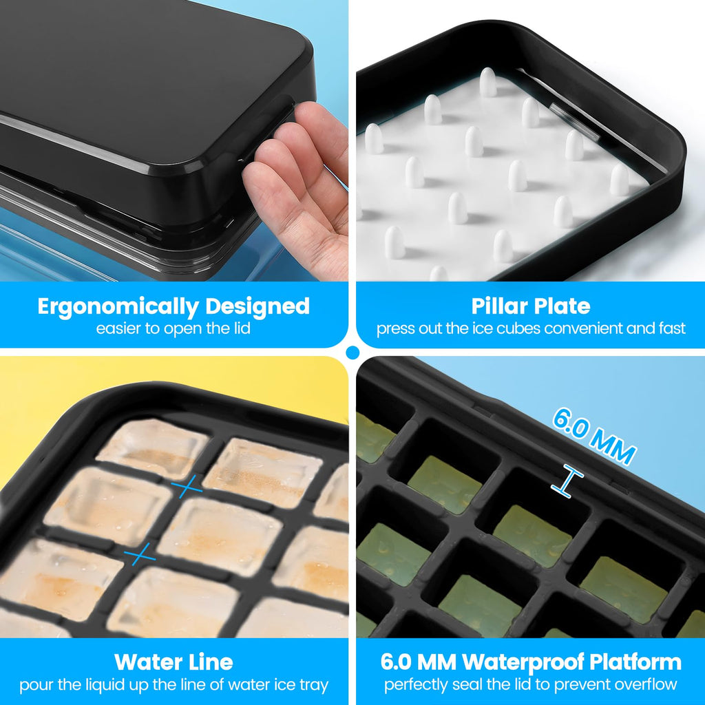 0.8“ Ice Cube Tray with Lid and Bin, PHINOX 84 Cubes Ice Trays for Freezer, Ice Cube Trays for Freezer with 3 trays, Container, Lid & Ice Scoop, BPA Free, Black(28Cubes/Tier)