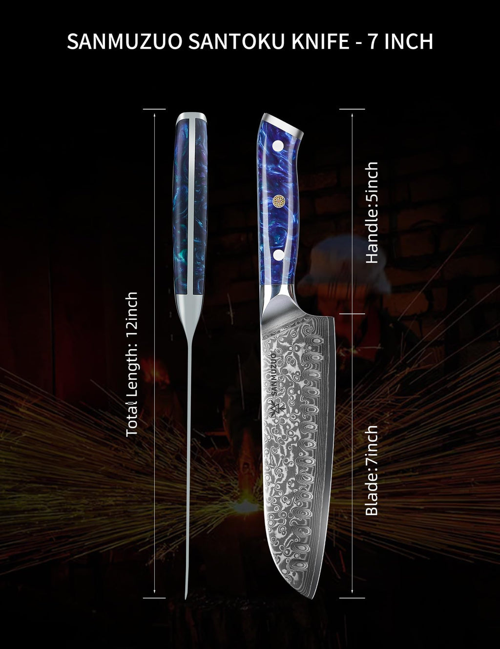 SANMUZUO Santoku Knife - 7 inch - Xuan Series - VG10 Damascus Steel Kitchen Knife - Resin Handle (Sapphire Blue)